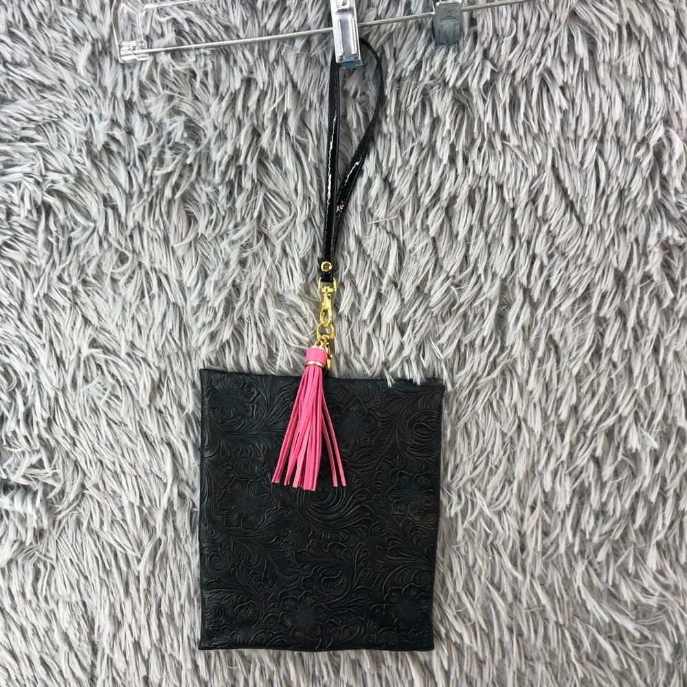 Makeup Junkie Bag Small Black Wristlet Embossed Tooled With Red Interior